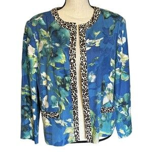 Chicos Blazer Women's 3 XL 16 Open Front Cotton Jacket Floral Animal 3/4 Sleeves